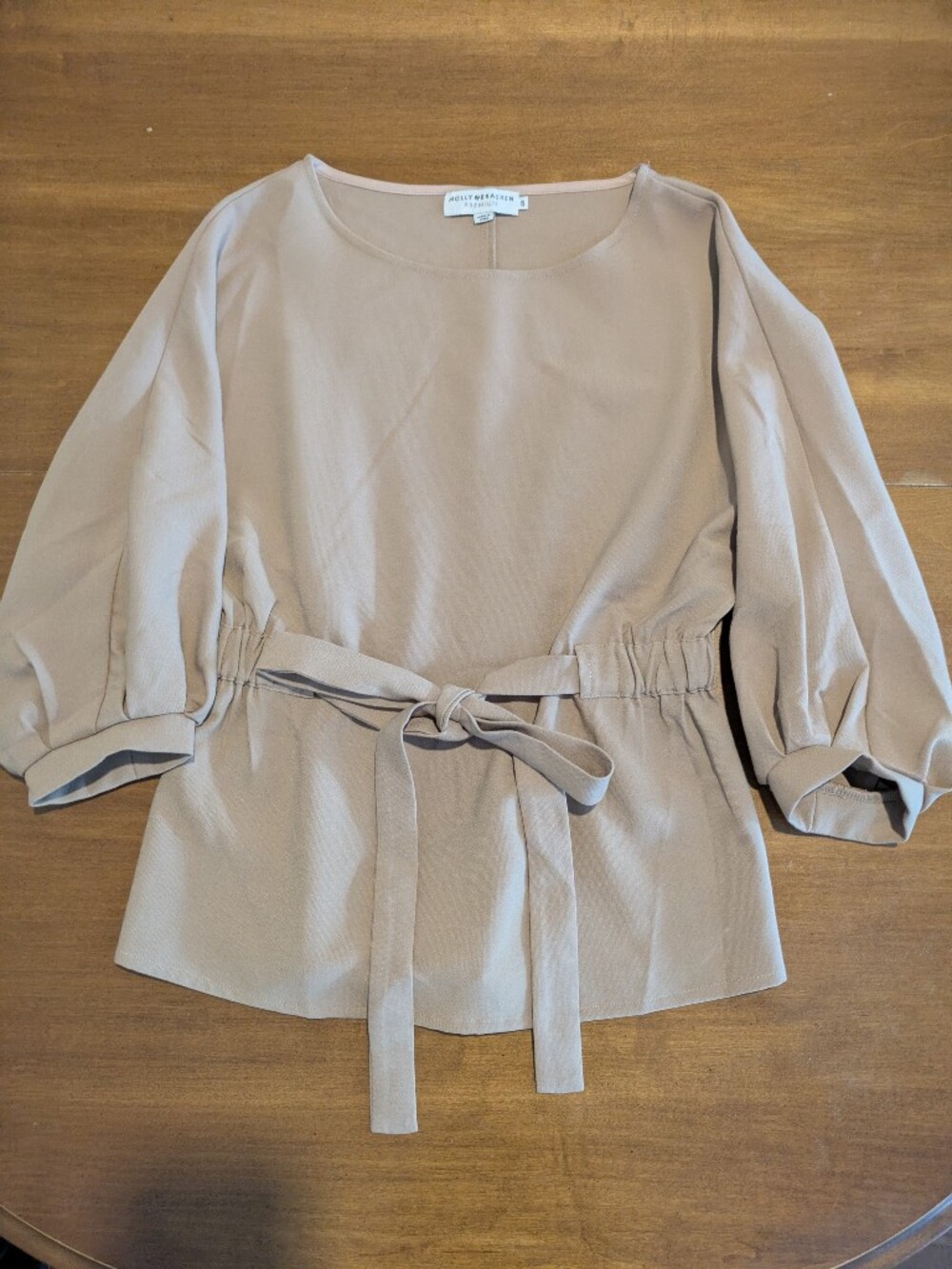Molly Bracken Belted Puff-Sleeve Women’s Top in Taupe